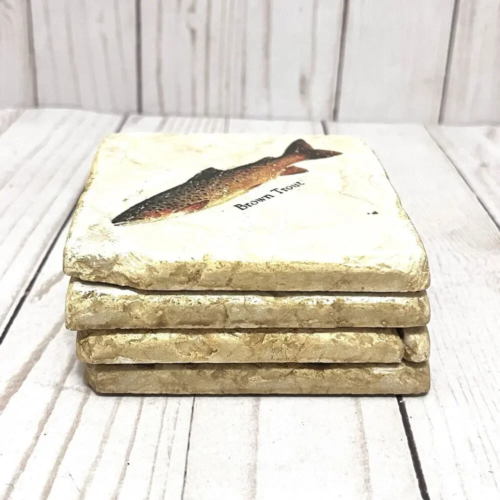 Studio Vertu Stone Coaster Set 4 Fish Salmon Trout Travertine Rustic Lodge Decor